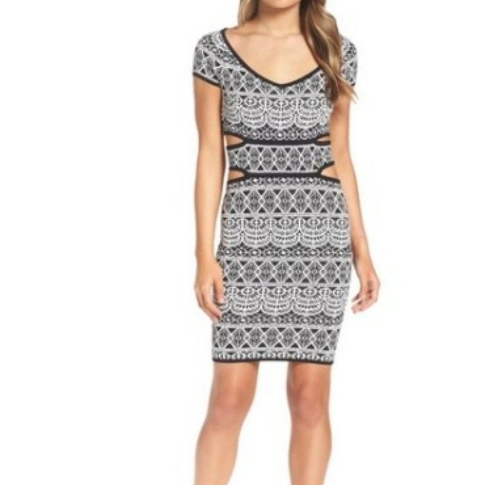ALI & JAY Black and White Lace-Pattern Cutout Bodycon Dress